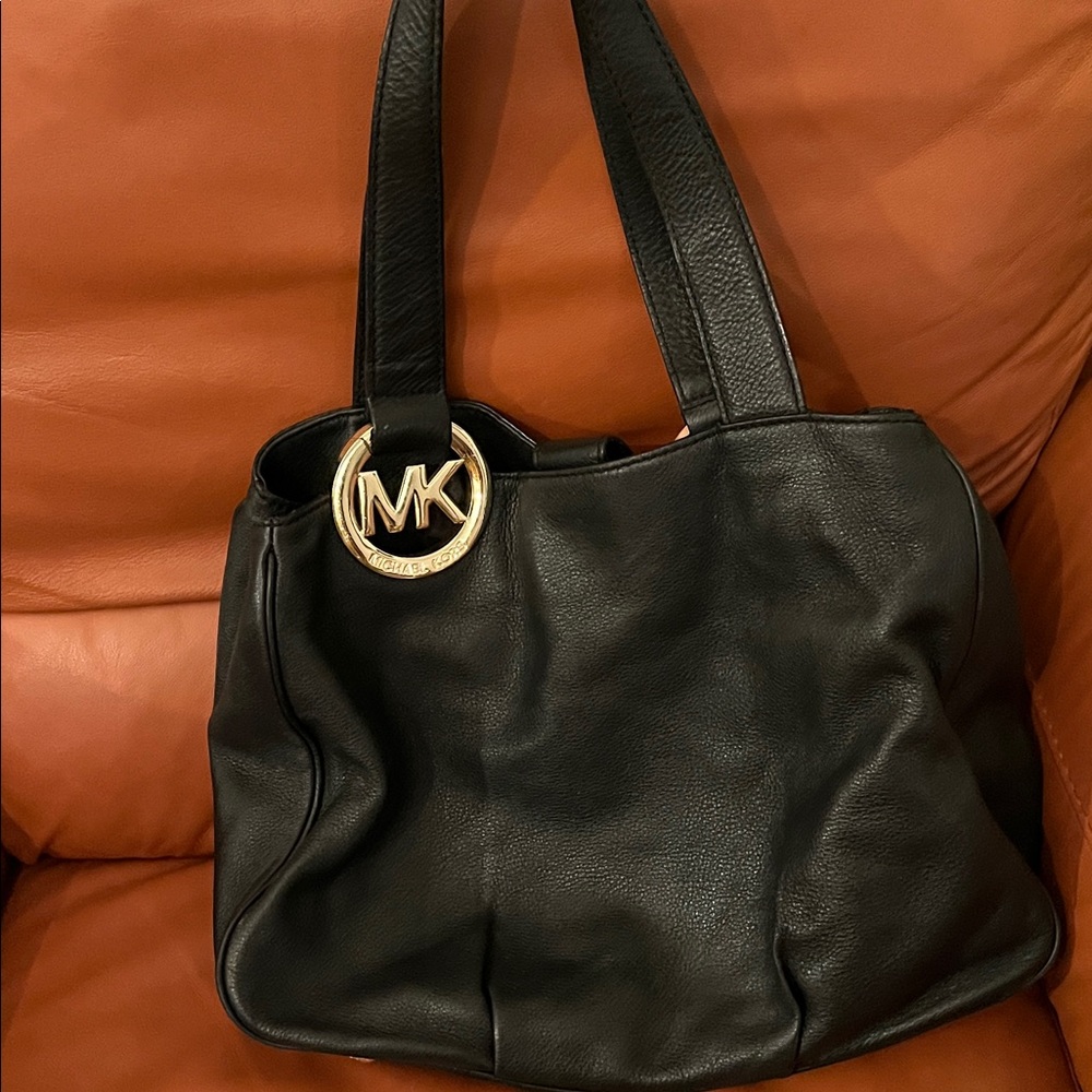 Michael Kors Black Leather Shoulder Bag with Gold Logo